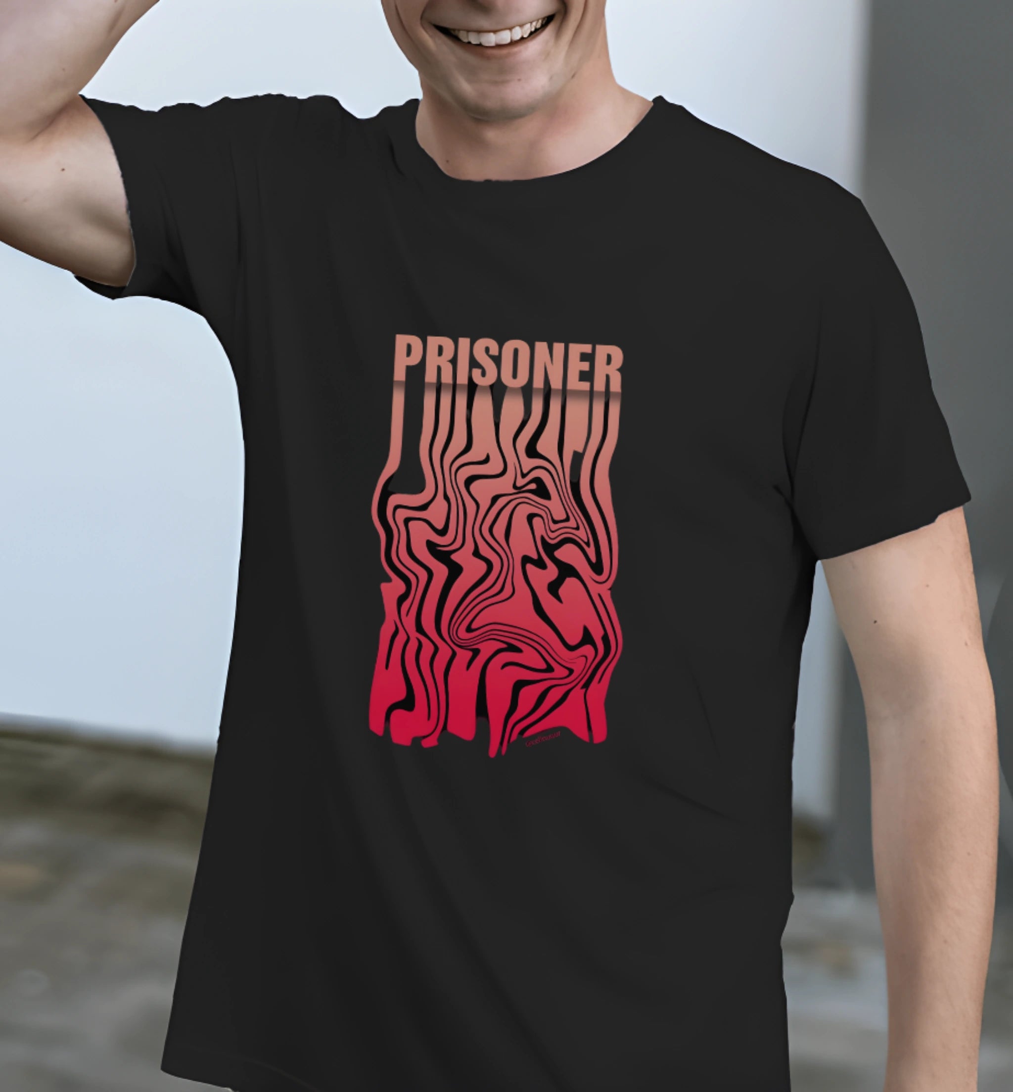 Model wearing AAMS Prisoner Typography T-Shirt – Black Cotton Tee with Distorted Gradient Text Design