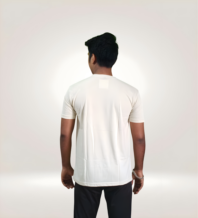 Back View Premium SpringShield Ultimato Graphic T-Shirt in regular fit, 170 GSM cotton, white with orange and dark anime circular print, streetwear style.