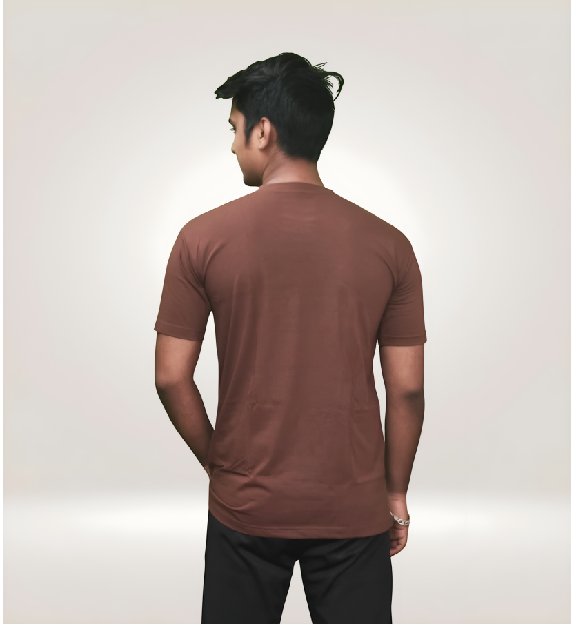 Back view of Colorful Vintage California Scenic Graphic Regular T-Shirt in Brown Premium Cotton