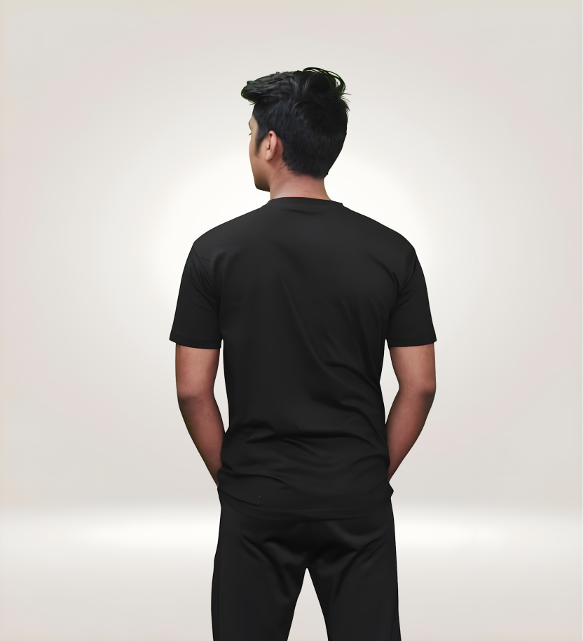 Back View of Edgy Vetements Black Regular T-Shirt with Fiery Hand Graphic for Streetwear