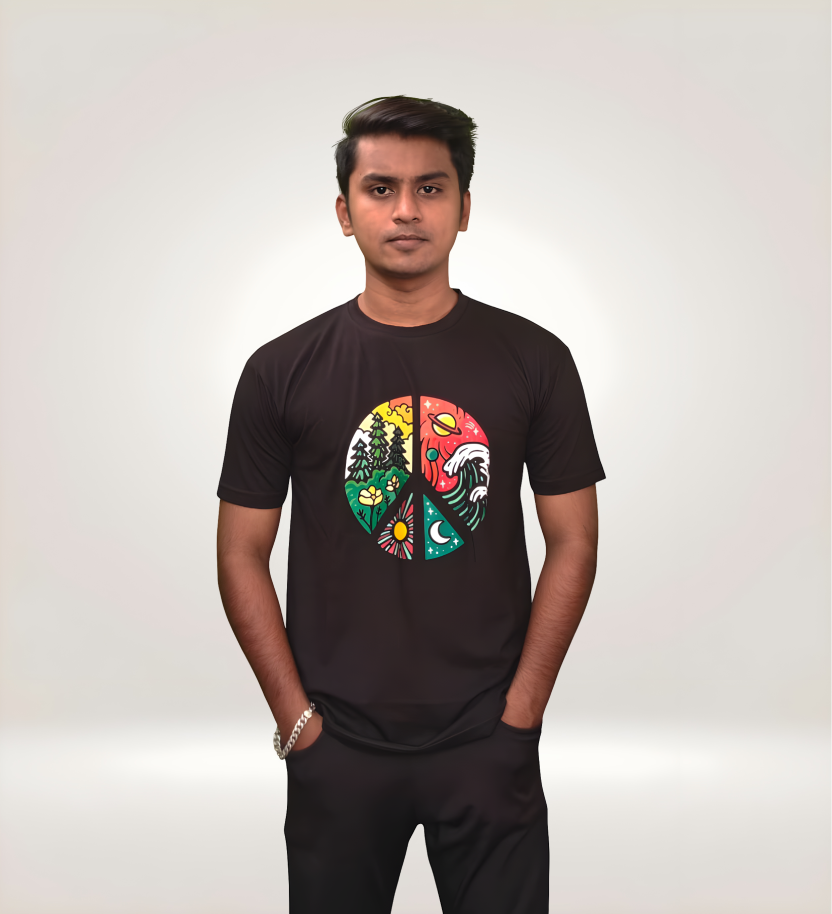 Front View Vibrant Four Seasons Black Regular T-Shirt with Nature-Inspired Graphic for Streetwear
