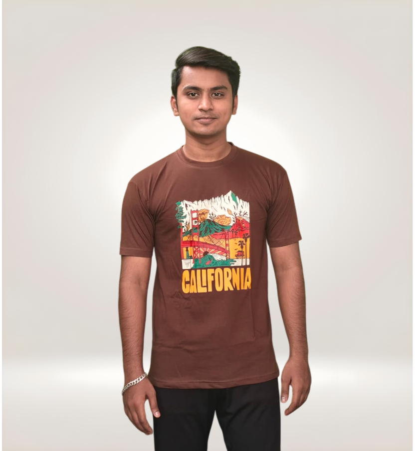 Front View of Colorful Vintage California Scenic Graphic Regular T-Shirt in Brown Premium Cotton