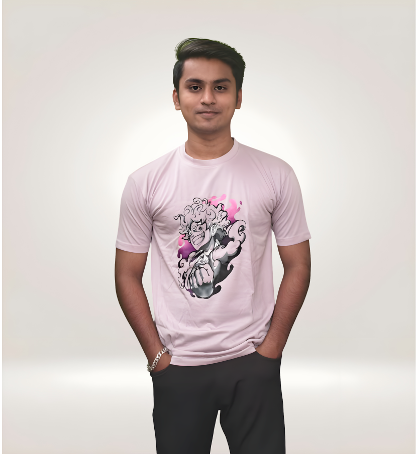 Front view of Dynamic Anime Punch Graphic Regular T-Shirt in Pink Premium Cotton