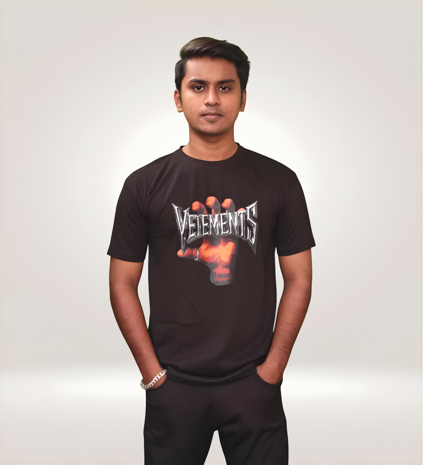 Front View of Edgy Vetements Black Regular T-Shirt with Fiery Hand Graphic for Streetwear
