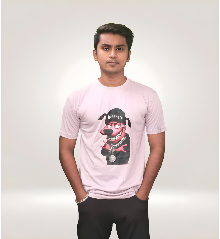 Front View of Fun Blazzord Cartoon Dog Regular T-Shirt in Pink Premium Cotton