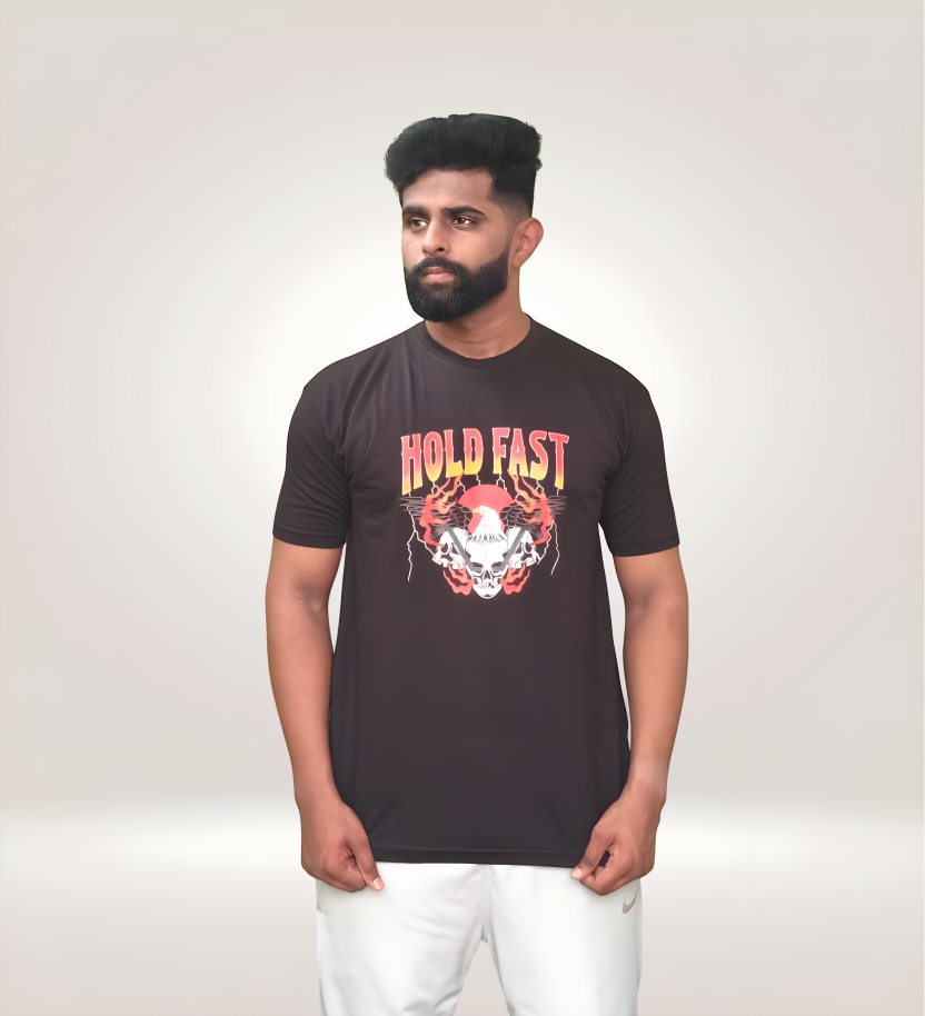 Front View of Premium Hold Fast Graphic T-Shirt in regular fit, 170 GSM cotton, white with black and navy anchor print, streetwear style.