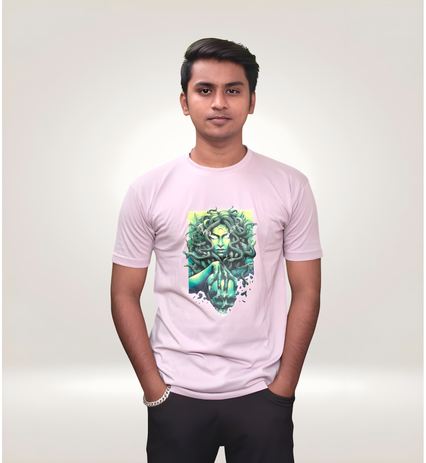 Front View of Striking Medusa Goddess Regular T-Shirt in Pink Premium Cotton