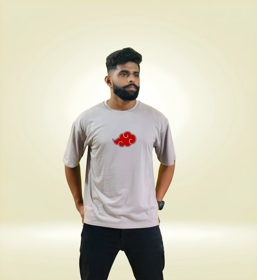Front of grey Naruto Akatsuki t-shirt with red cloud logo, oversized anime fan apparel