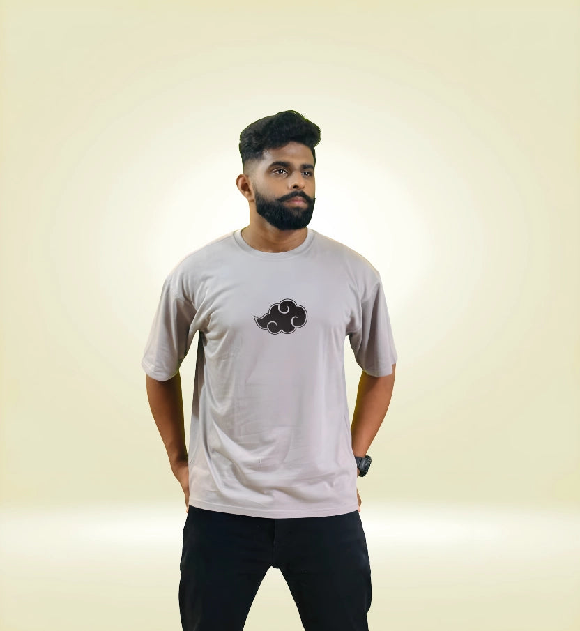 Front of grey Naruto Akatsuki t-shirt with subtle cloud logo, oversized anime fan apparel