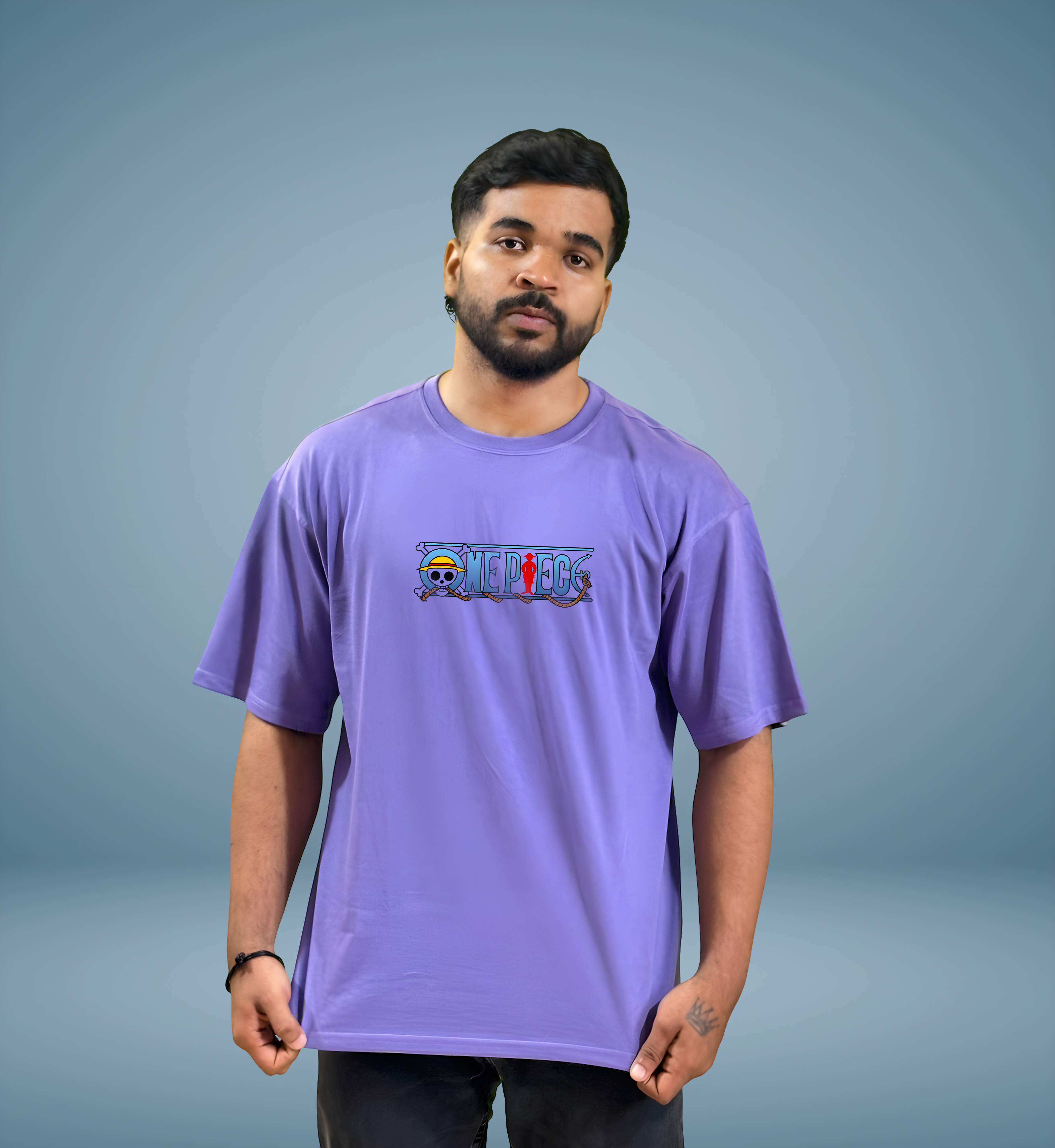 Front of purple One Piece t-shirt with colorful logo, oversized anime fan apparel