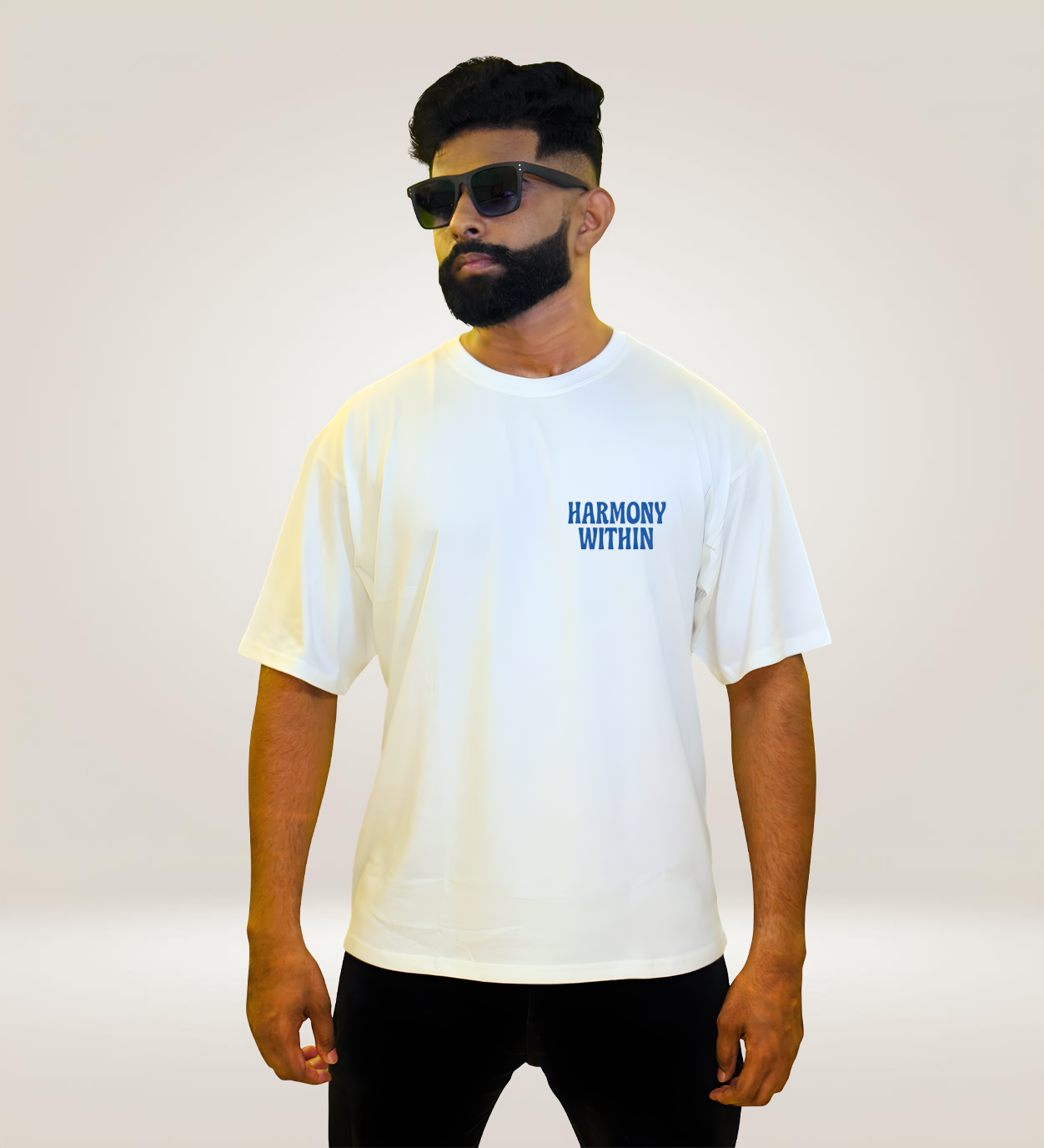 Front of white Gratitude t-shirt with Harmony Within logo, oversized motivational apparel