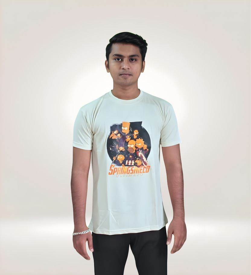 Front view Premium SpringShield Ultimato Graphic T-Shirt in regular fit, 170 GSM cotton, white with orange and dark anime circular print, streetwear style.