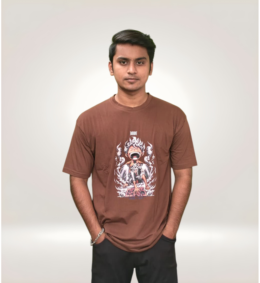 Front View of Intense Anime Power Surge Graphic Regular T-Shirt in Brown Premium Cotton