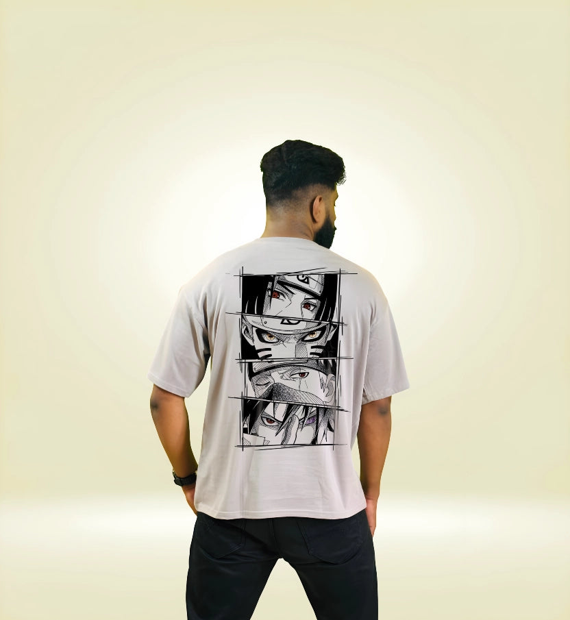 Grey oversized Naruto Akatsuki Trio graphic t-shirt back, three-eye manga print in vertical panel