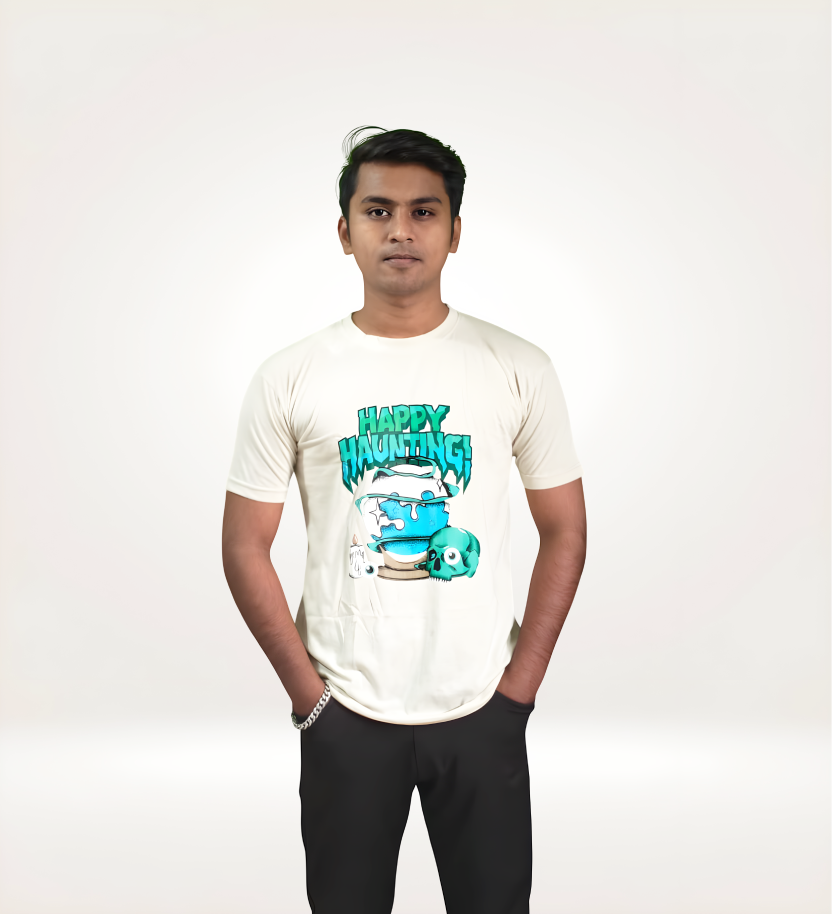 Front View of model wearing Happy Haunting regular T Shirt.