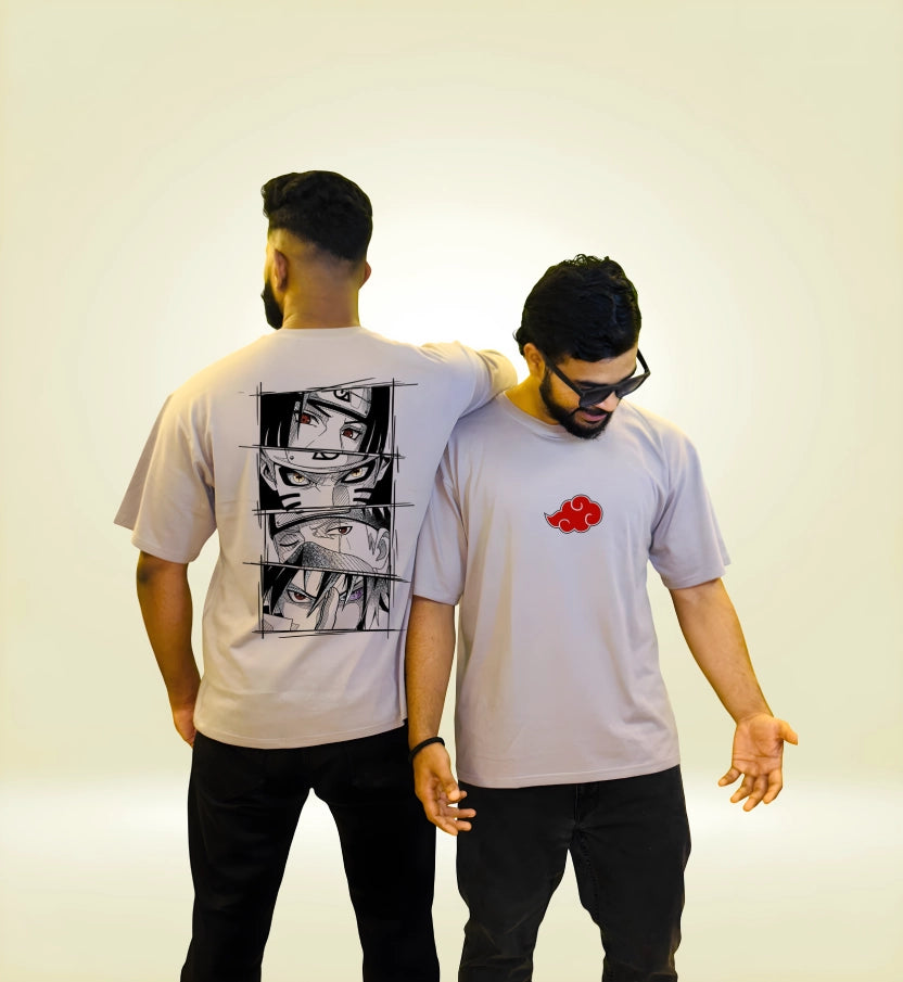 Model wearing grey Naruto Akatsuki Trio graphic oversized tee, styled with black pants, anime streetwear look