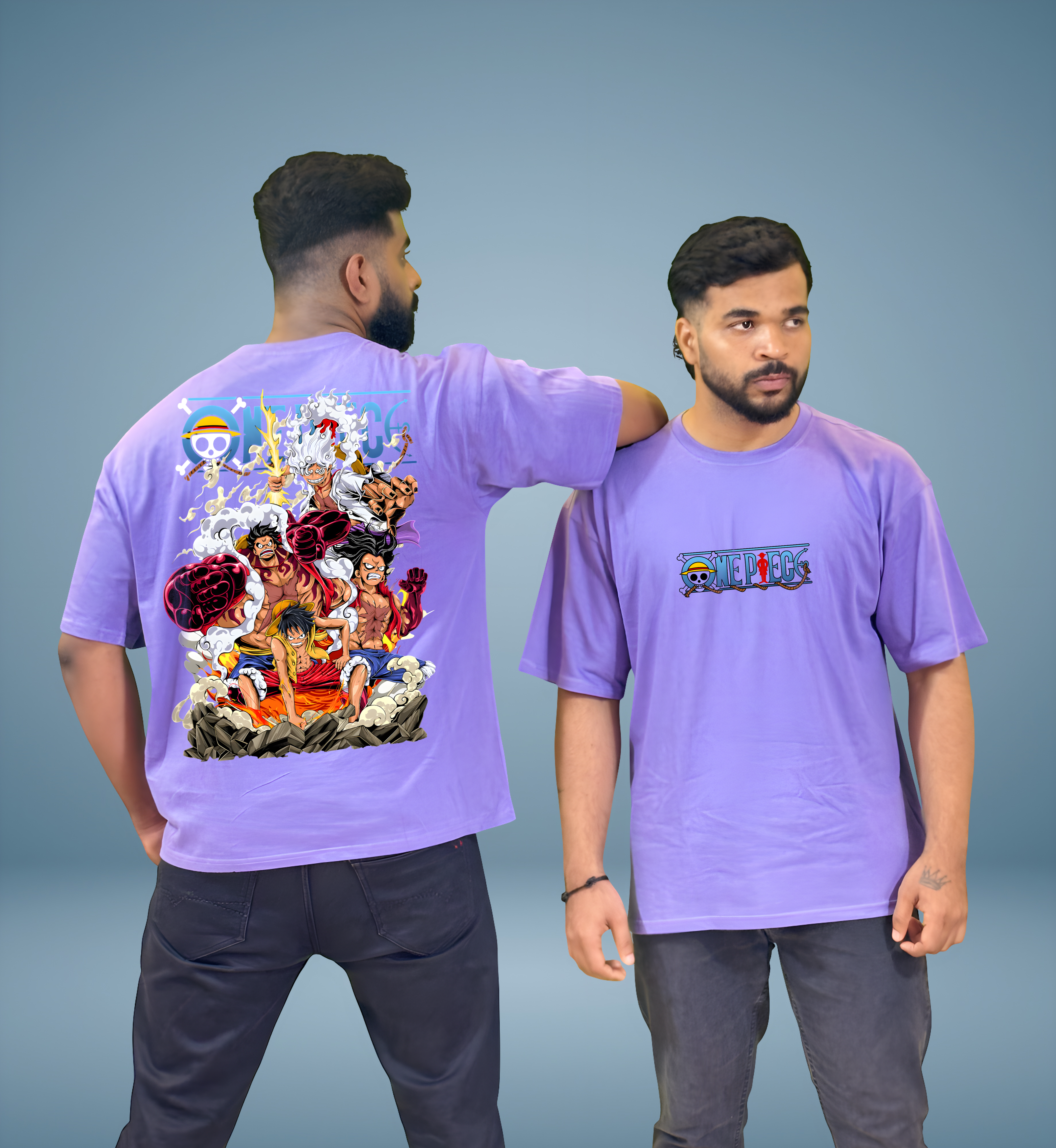 Model wearing purple One Piece Straw Hat graphic oversized tee, styled with grey pants, anime streetwear look