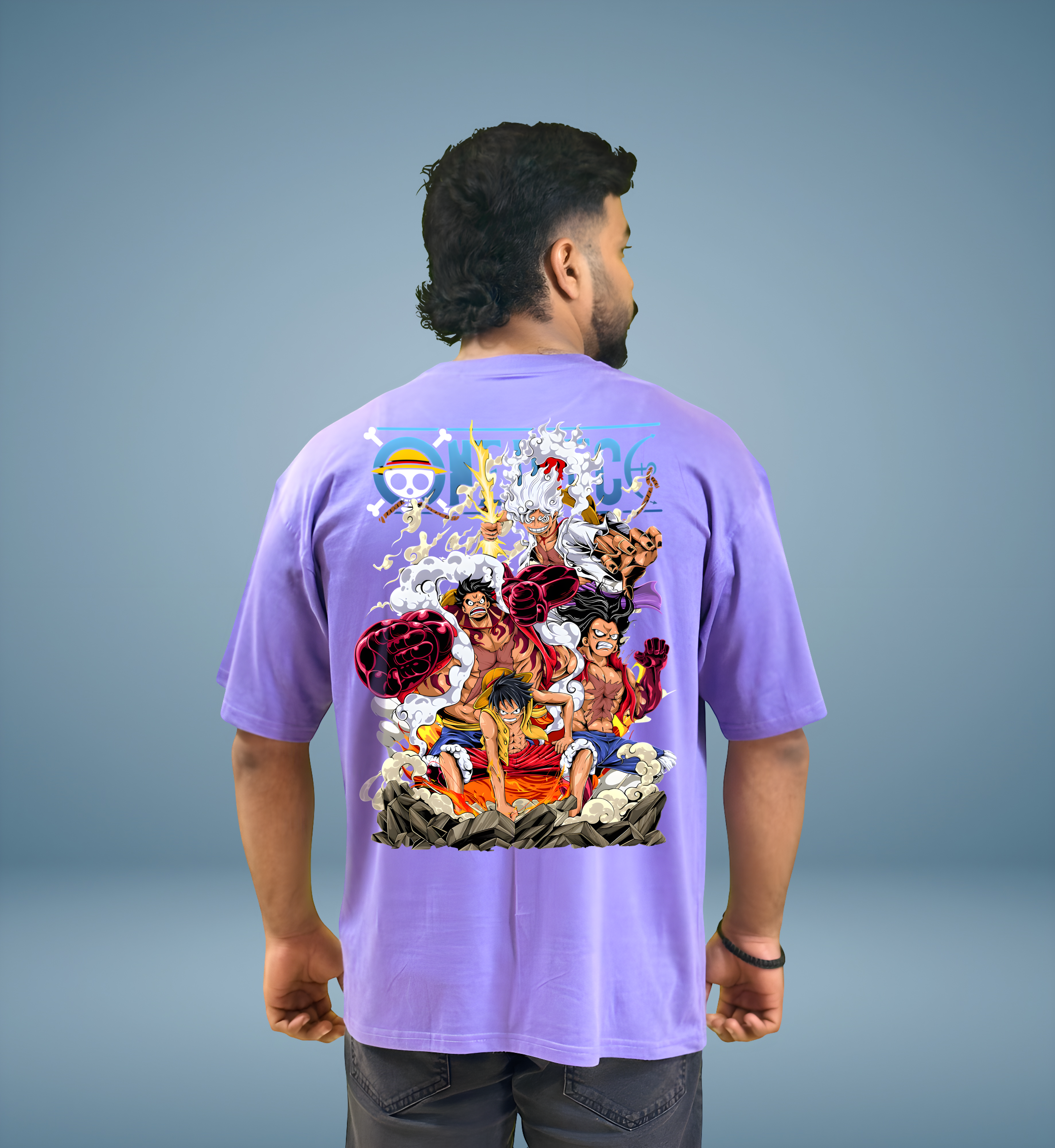 Purple oversized One Piece Straw Hat Crew graphic t-shirt back, anime battle scene print