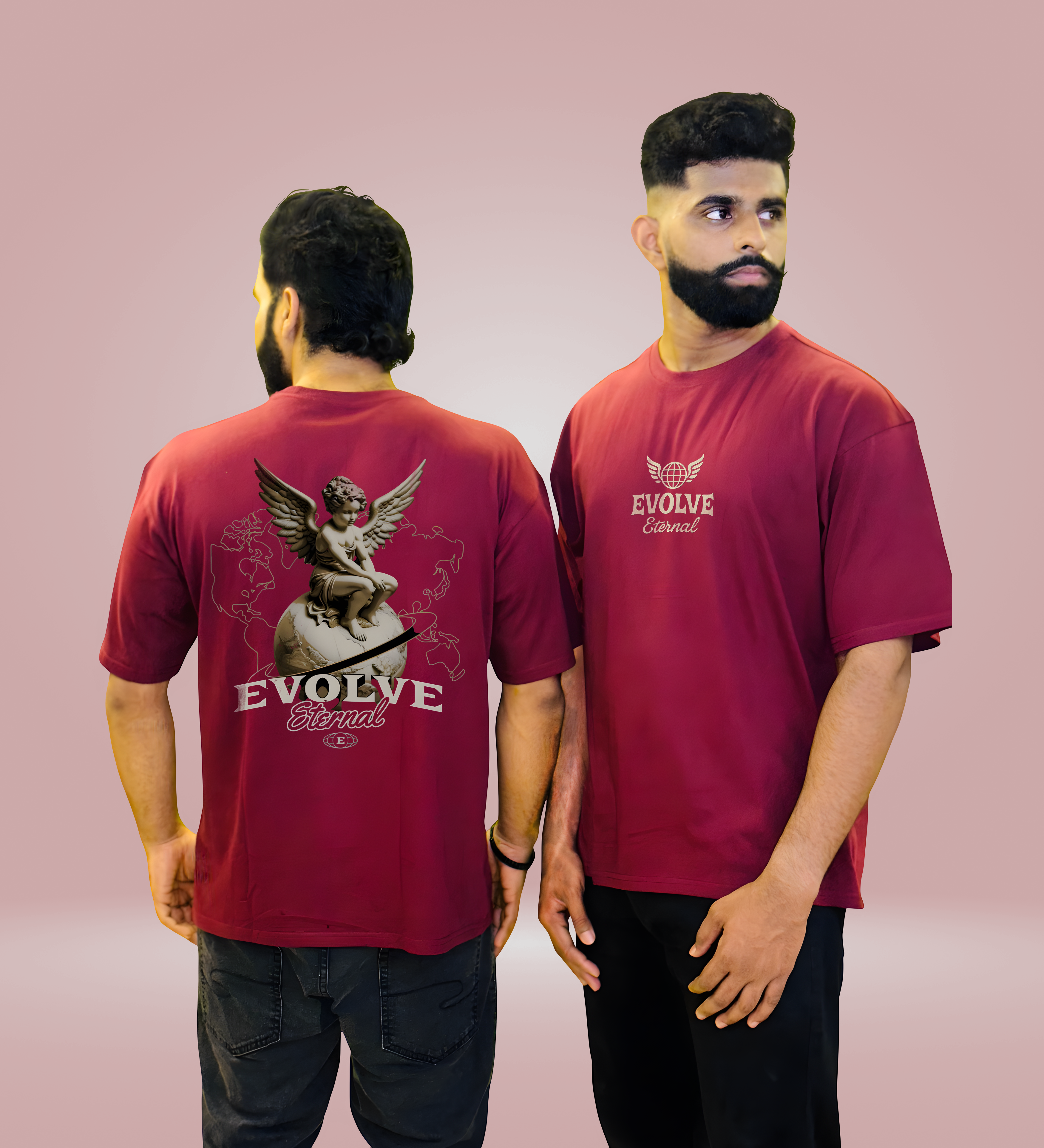 Side-by-side view of maroon oversized Evolve Eternal T-shirt, showcasing front and back designs.