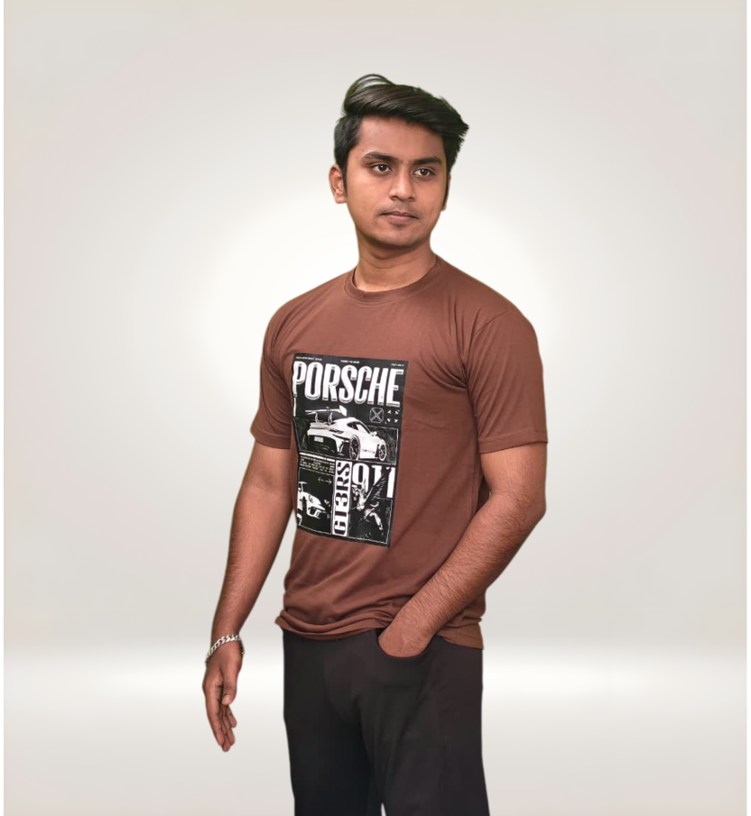Side view of Bold Brown Regular T-Shirt with Porsche Sports Car Graphic in Premium Cotton
