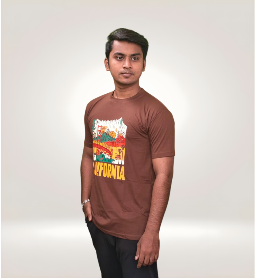 Side View of Colorful Vintage California Scenic Graphic Regular T-Shirt in Brown Premium Cotton