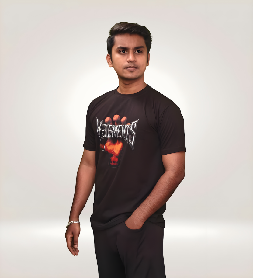 Side View of Edgy Vetements Black Regular T-Shirt with Fiery Hand Graphic for Streetwear