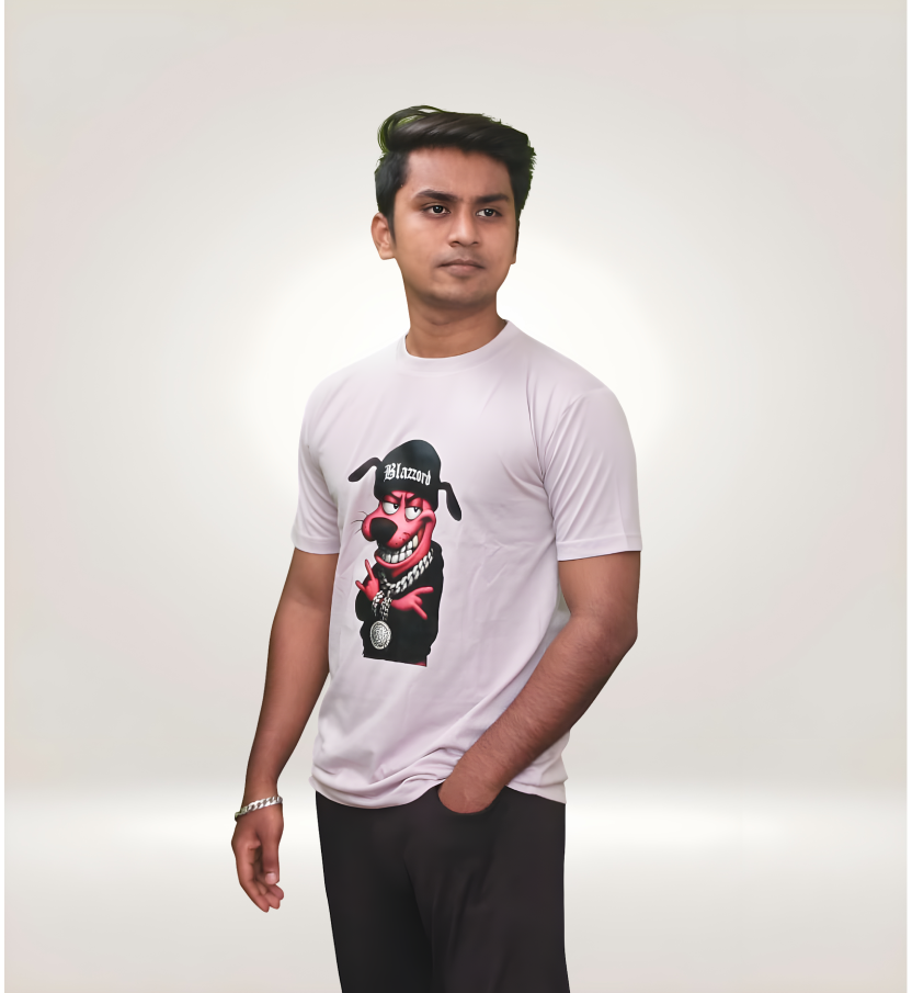 Side View of Fun Blazzord Cartoon Dog Regular T-Shirt in Pink Premium Cotton