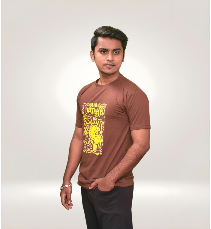 Side View of Fun Simpsons Doodle Yellow Graphic Regular T-Shirt in Brown Premium Cotton