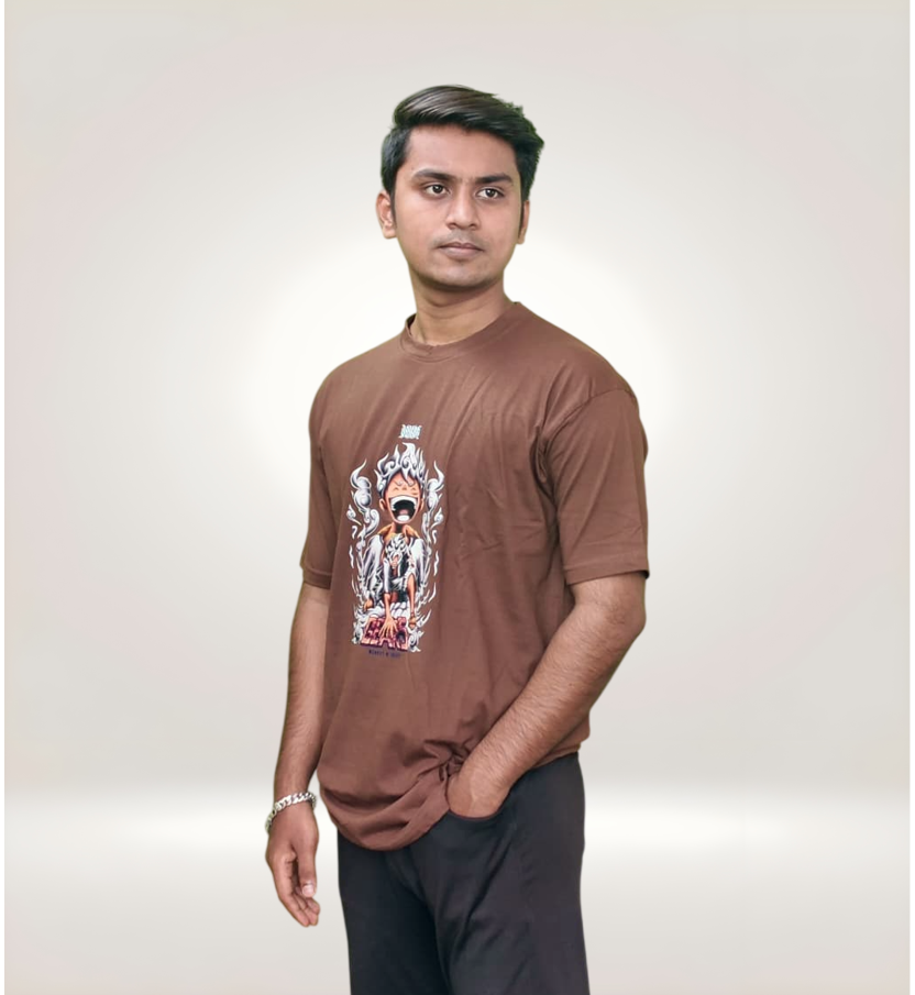 Side View of Intense Anime Power Surge Graphic Regular T-Shirt in Brown Premium Cotton