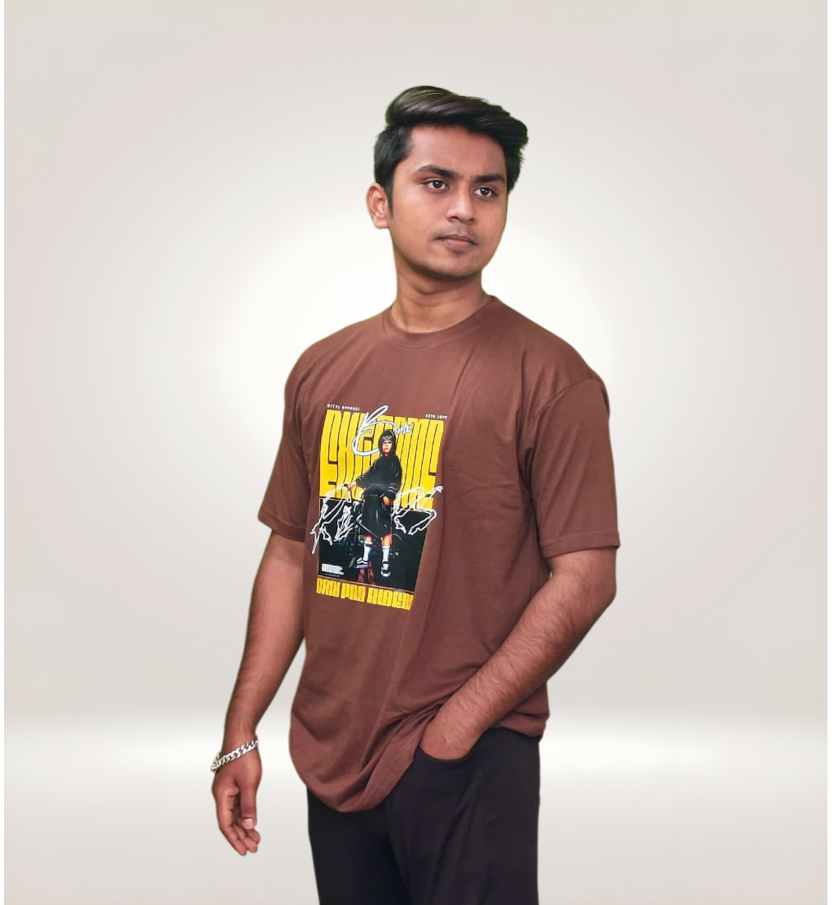 Side view of Stylish Brown Street Rider Graphic Regular T-Shirt in Premium Cotton