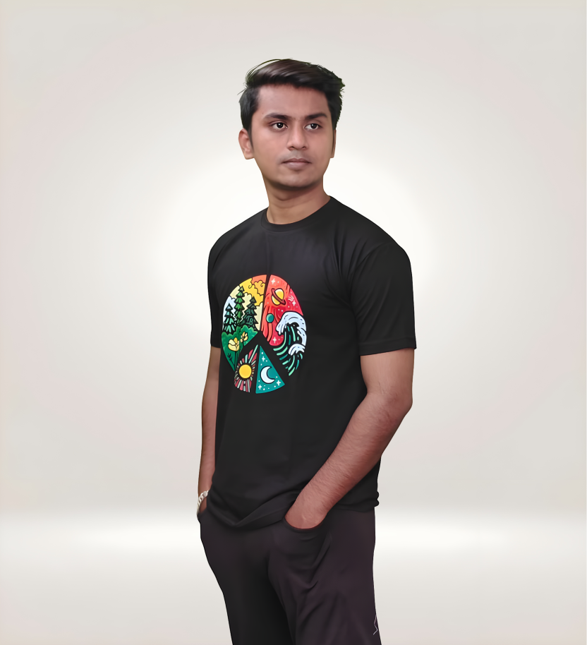 Side View of Vibrant Four Seasons Black Regular T-Shirt with Nature-Inspired Graphic for Streetwear