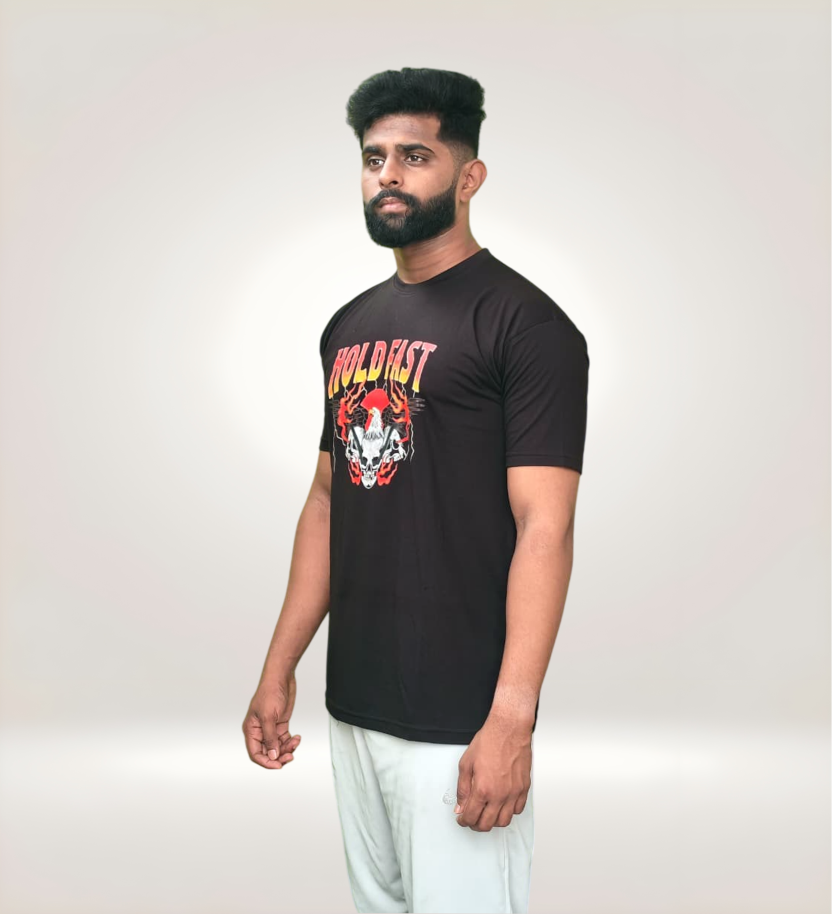 Side view of Premium Hold Fast Graphic T-Shirt in regular fit, 170 GSM cotton, white with black and navy anchor print, streetwear style.