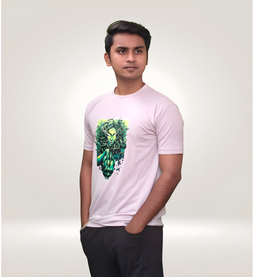 Side View of Striking Medusa Goddess Regular T-Shirt in Pink Premium Cotton