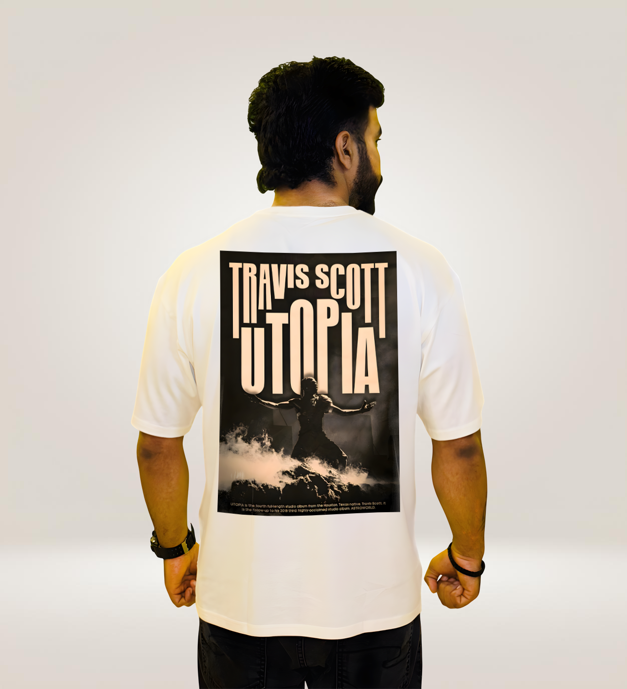 Model wearing AAMS Travis Scott Utopia Oversized White Streetwear T-Shirt – Back Design