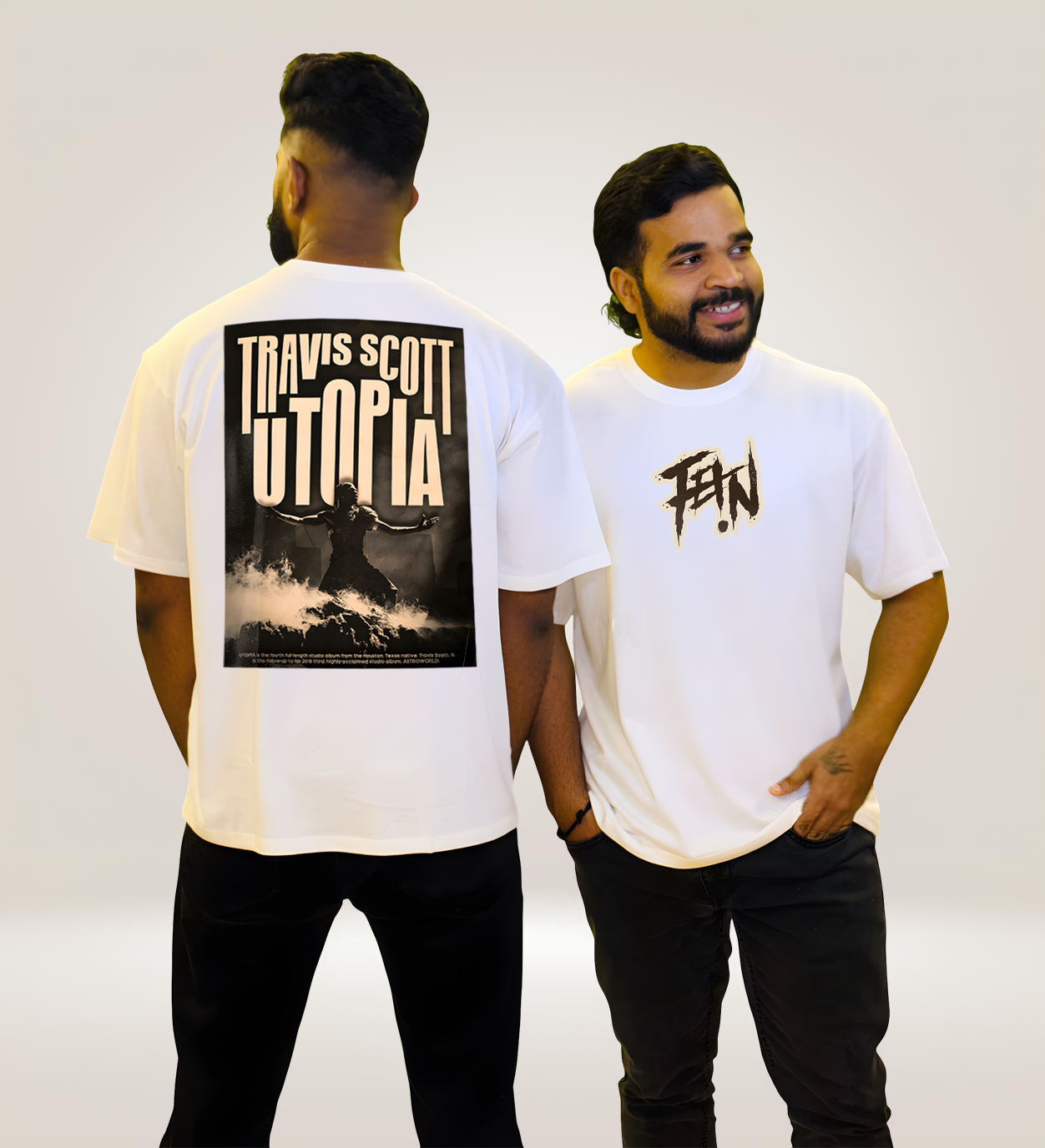 Two models showcasing AAMS Travis Scott Utopia White Graphic T-Shirt – Front and Back Design