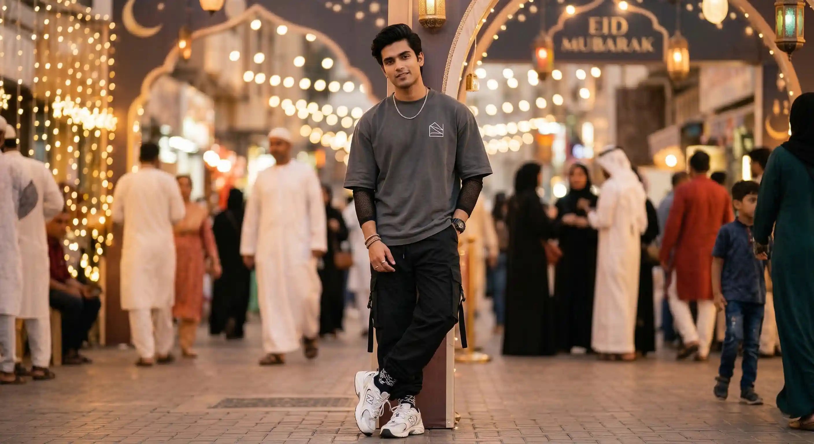Young man wearing an oversized streetwear T-shirt and cargo pants in a festive night market setting.