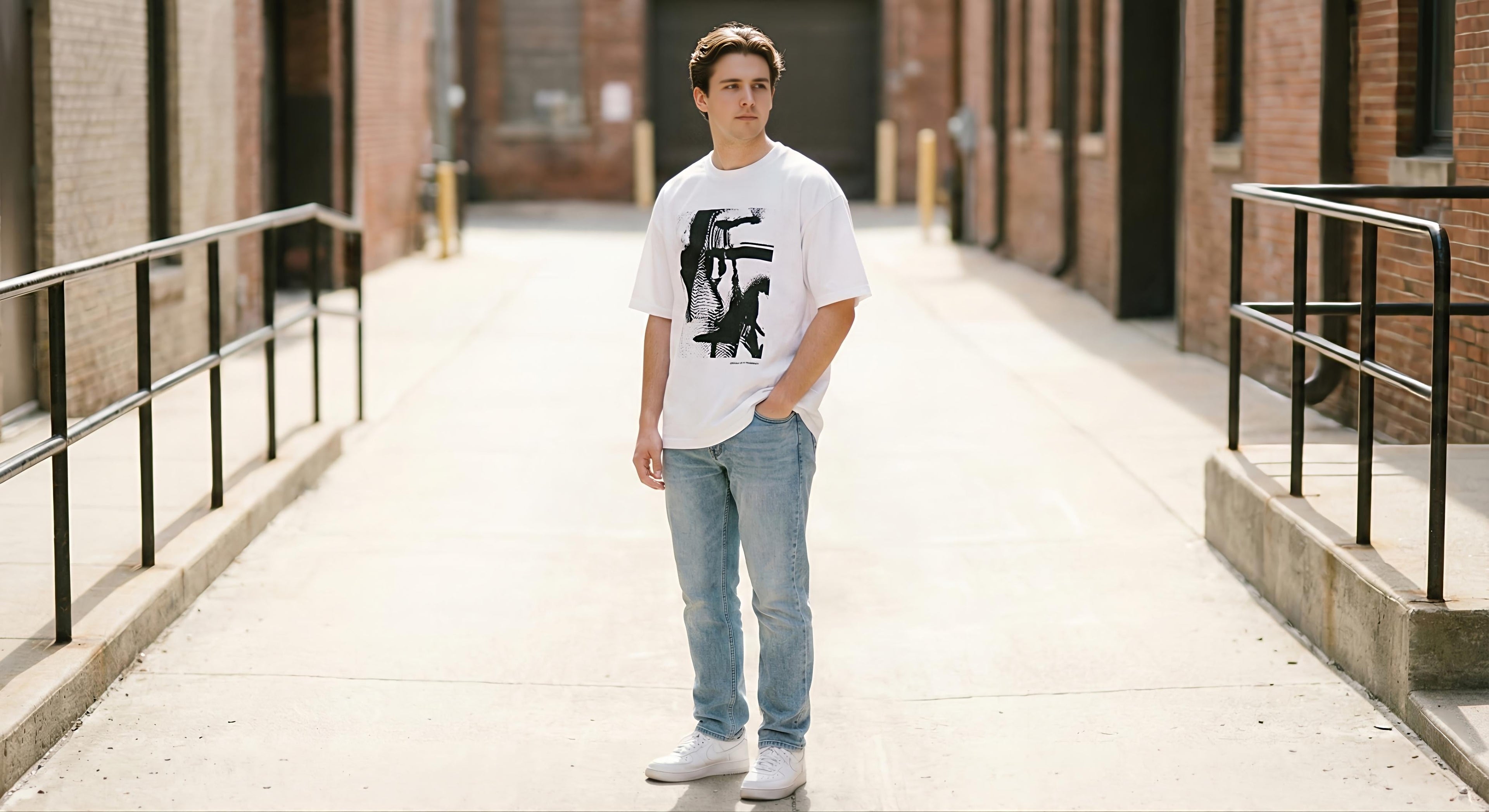 A young man working out in a modern gym with blue ambient lighting. He is wearing an oversized dark grey T-shirt and black shorts, reaching for dumbbells on a rack.