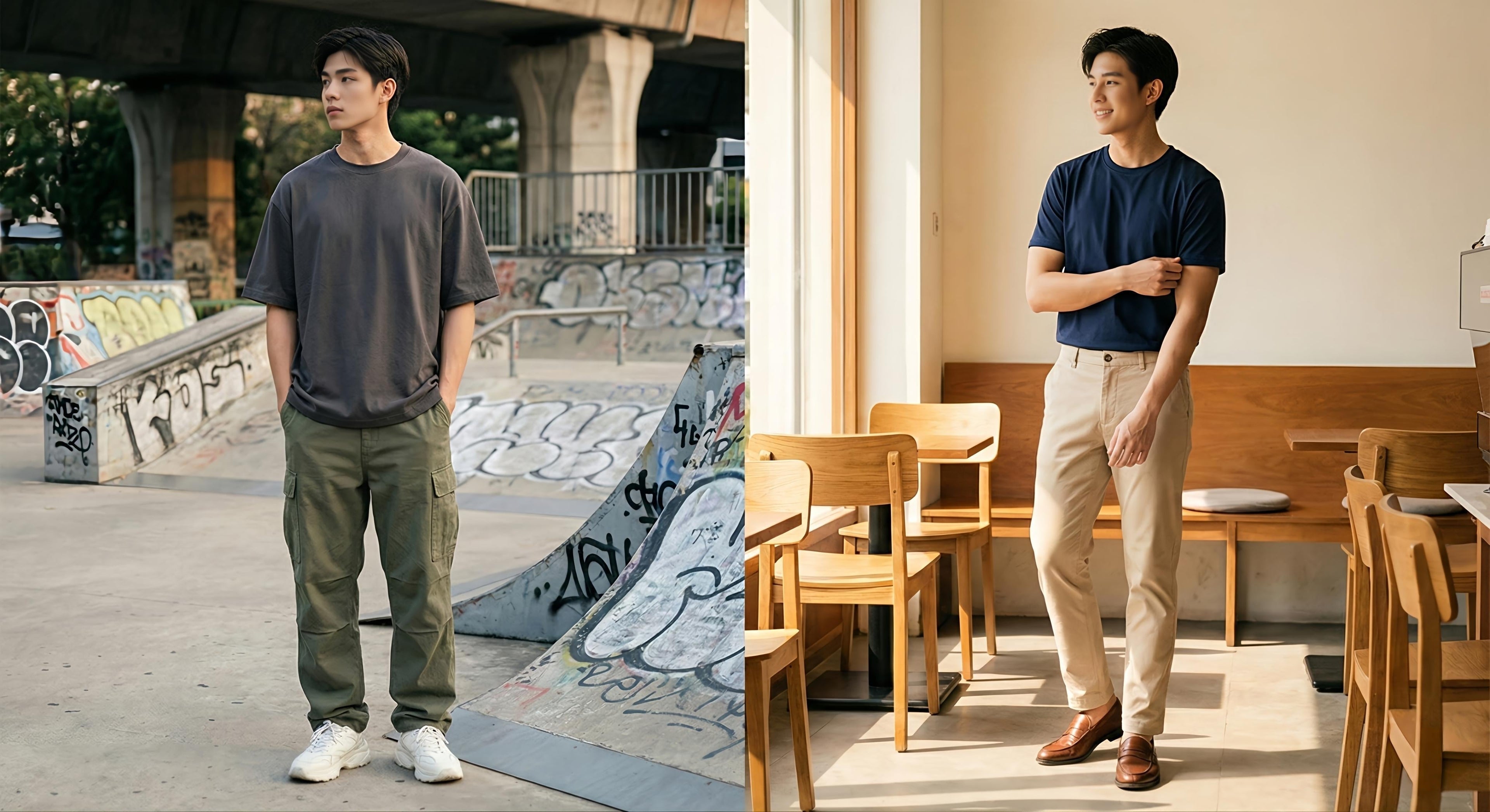 A split-screen fashion comparison featuring a streetwear look in a skatepark (left) and a smart-casual outfit in a café (right).