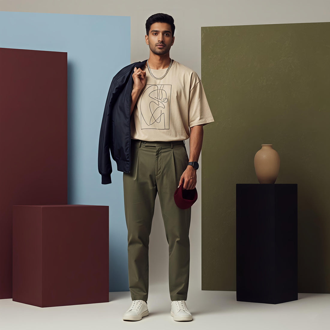 Studio fashion shot of a model posed against geometric blocks, wearing a beige graphic tee, olive green trousers, and holding a navy jacket and maroon cap.