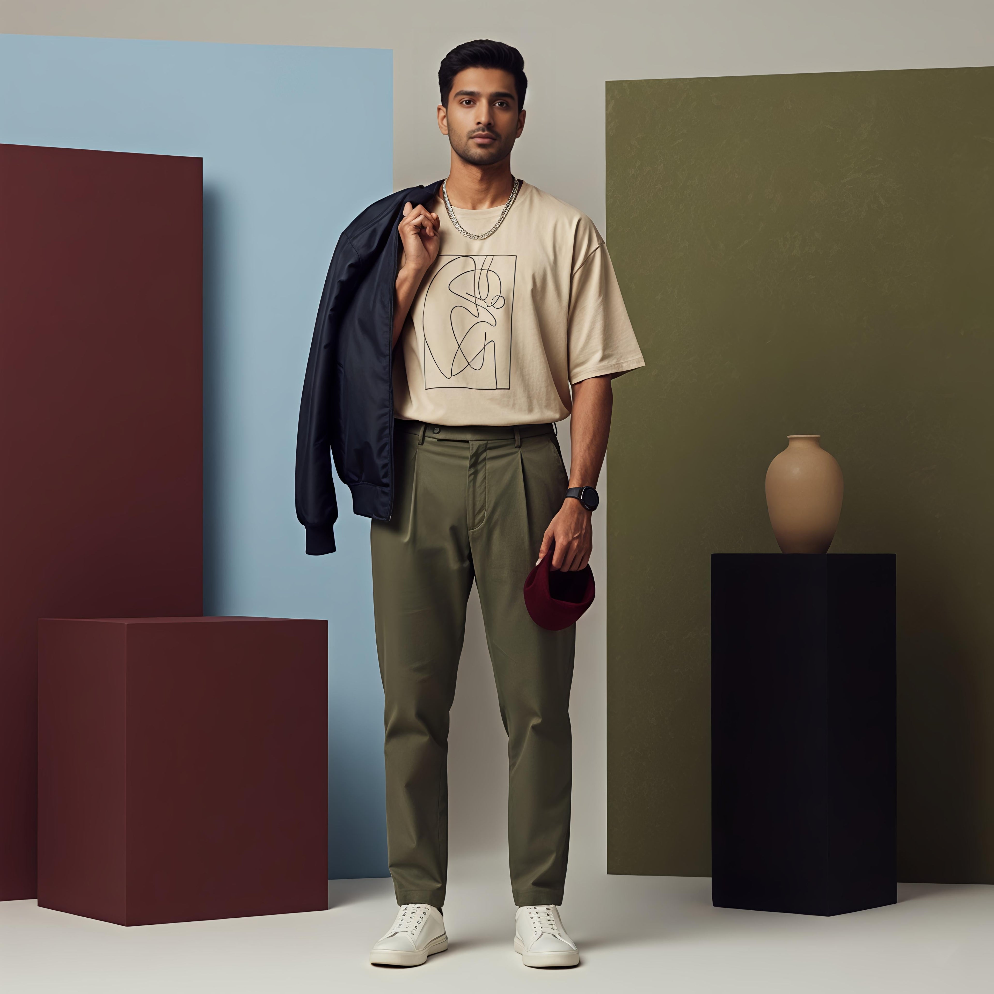 Studio fashion shot of a model posed against geometric blocks, wearing a beige graphic tee, olive green trousers, and holding a navy jacket and maroon cap.