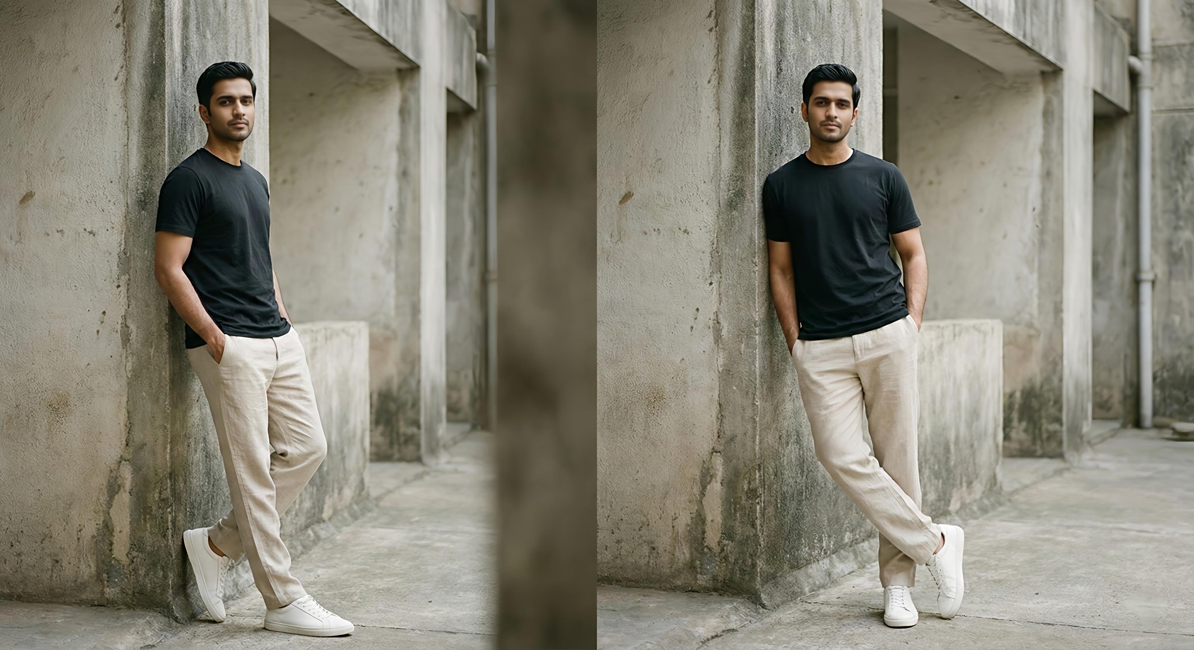 Man wearing a black T-shirt, beige trousers and white sneakers leaning against a concrete wall, demonstrating a clean and minimal everyday outfit.