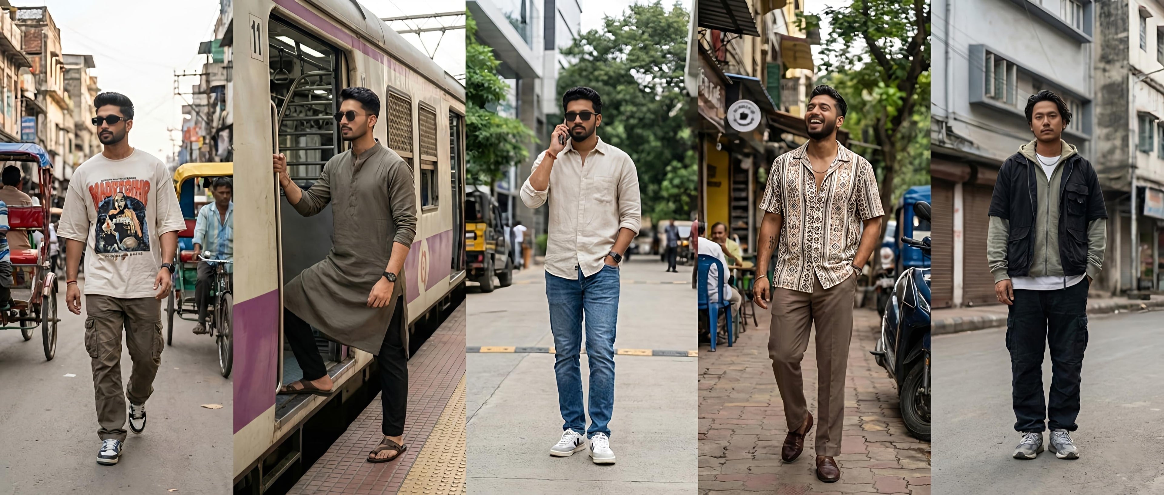 Modern Indian men wearing oversized T-shirts, cargo pants, denim jackets and hoodies walking on a busy city street, showcasing contemporary streetwear and casual fashion.