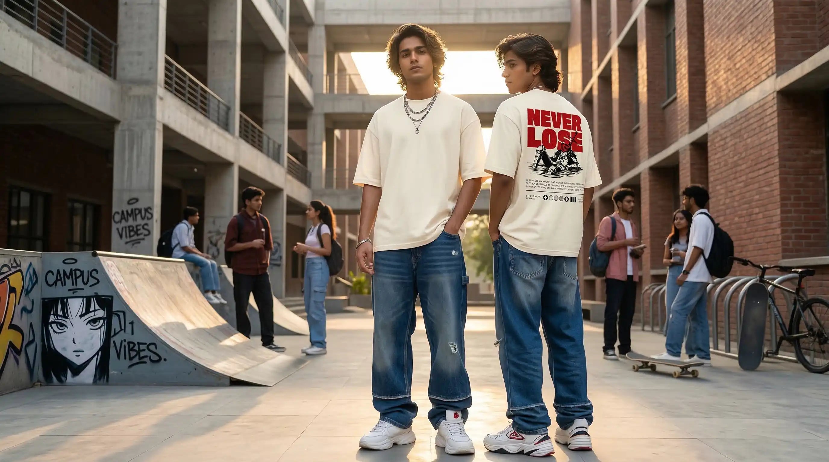 Indian college students wearing oversized graphic t-shirts and baggy jeans showcasing modern campus streetwear fashion