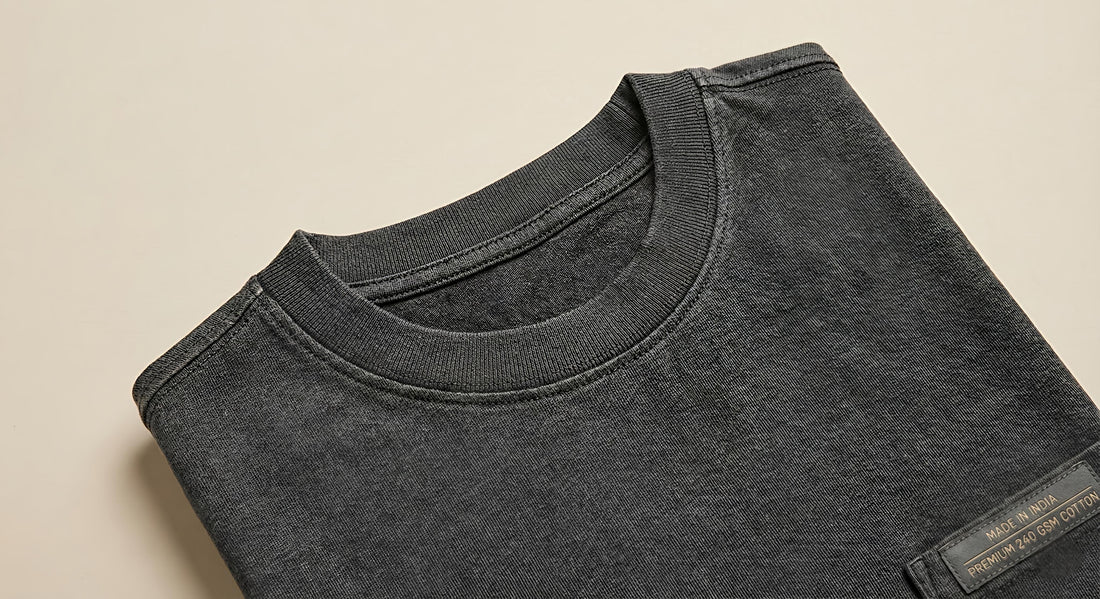 Close-up flatlay detail of a premium black oversized T-shirt showing the thick ribbed neck collar and heavy 240 GSM cotton fabric texture, featuring a 'Made in India' quality label.