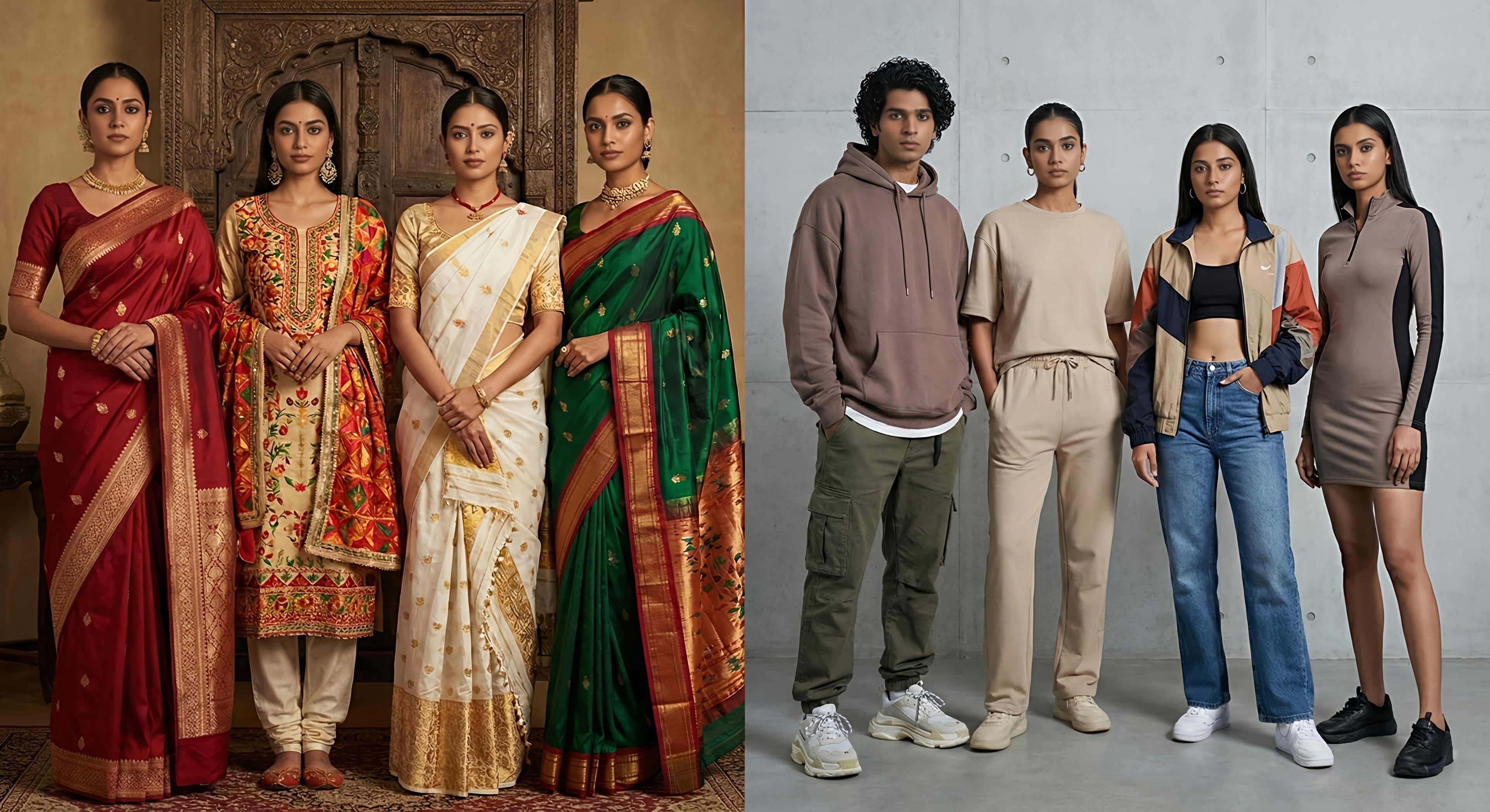 A split-screen fashion comparison. The left features women in traditional Kanjivaram sarees and Phulkari suits against a carved door. The right shows young models in modern streetwear, denim, and sneakers against a concrete wall.