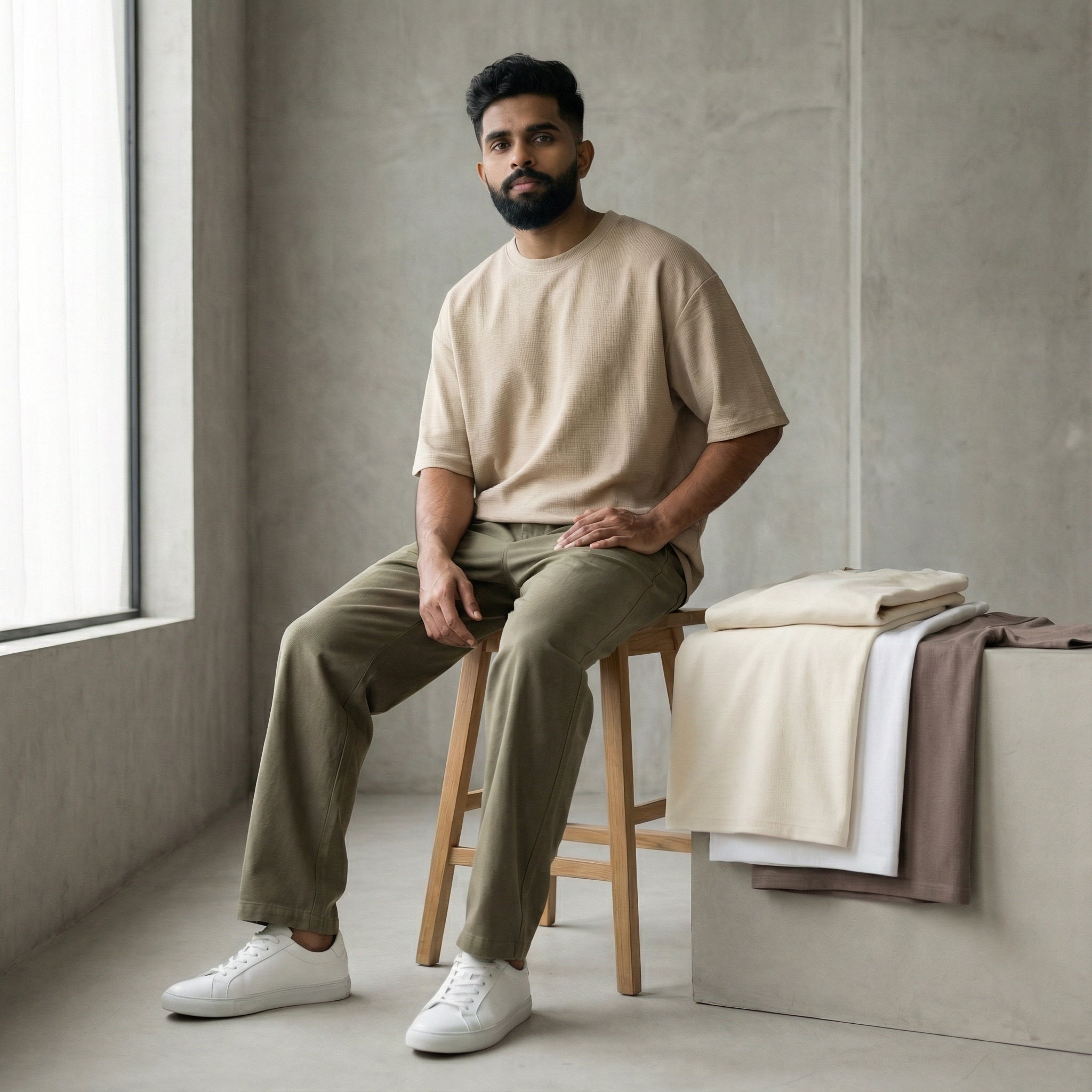 A stylish Indian man with a full beard and modern hairstyle sitting on a wooden stool in a minimalist studio.