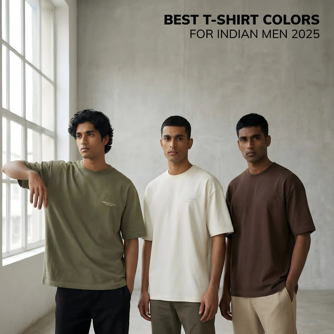 Three Indian men of varying complexions stand together in a modern, minimalist studio with large windows.