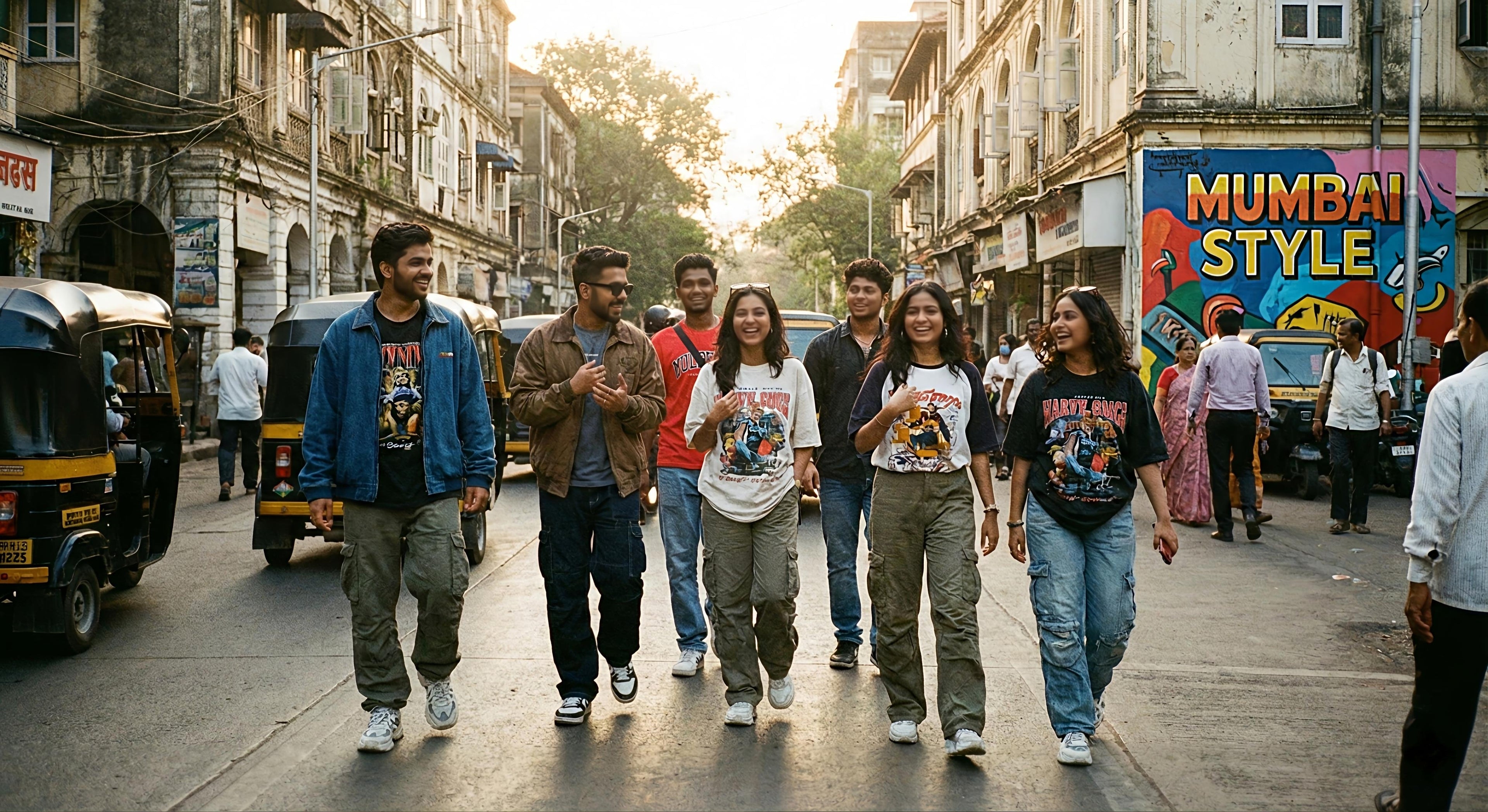A group of stylish young adults laughing while walking down a sunny street, wearing trendy streetwear including cargo pants and graphic tees, with a colorful "Mumbai Style" mural and auto-rickshaws in the background.