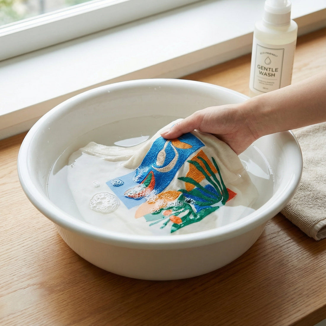 A hand gently submerges a white t-shirt with a colorful embroidered graphic into a white basin of soapy water, next to a bottle of "GENTLE WASH" detergent and a towel on a wooden surface.
