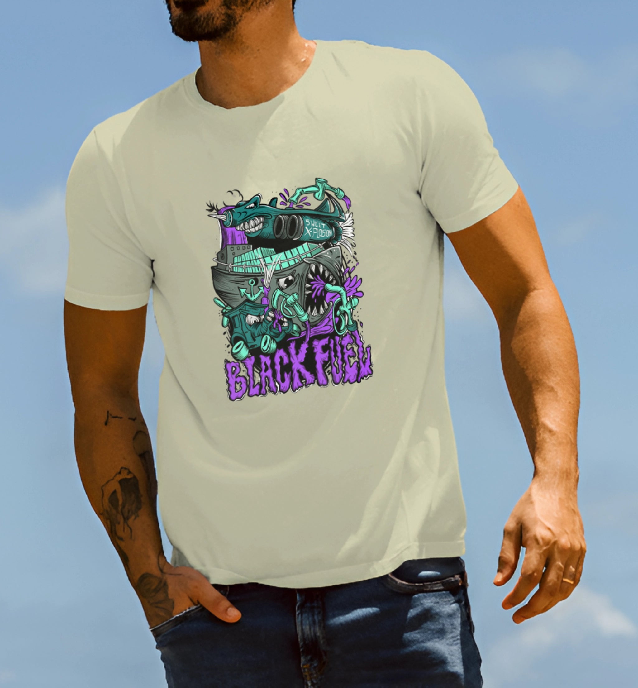 Model wearing AAMS Black Fuel Graphic Printed Unisex T-Shirt in cream – 100% Cotton Premium Streetwear